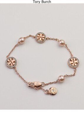 Tory Burch Rose Gold Pearl Logo Station Bracelet
